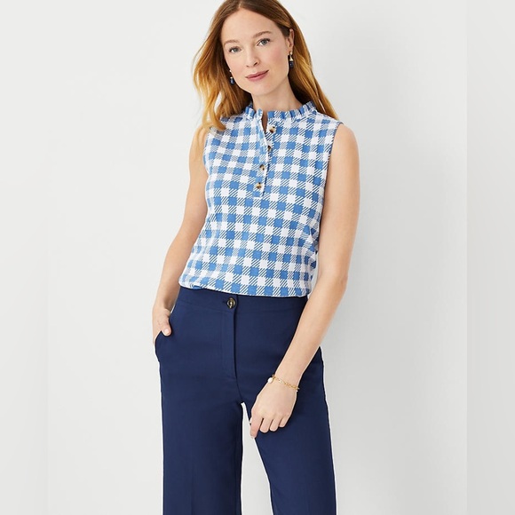 Ann Taylor Blue Checked Plaid Ruffle Neck Sleeveless Henley Top Size M - Picture 2 of 9